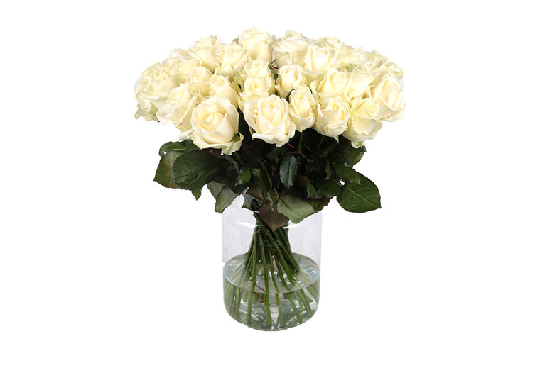 balkon stroom Maar 100 witte rozen met gratis vaas | Avalanche rozen | Uwbloemenman.nl